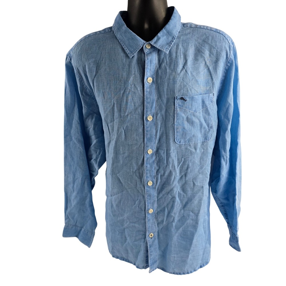 Tommy Bahama XXL Linen Shirt Marlin Embroidered Back Light Blue Long‎ Sleeve
